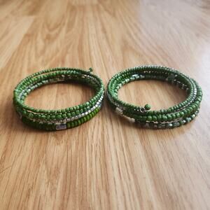 Set of 2 Green Seed Bead Wrap Bracelets Memory Wire Coil Silver Spacers Boho Art